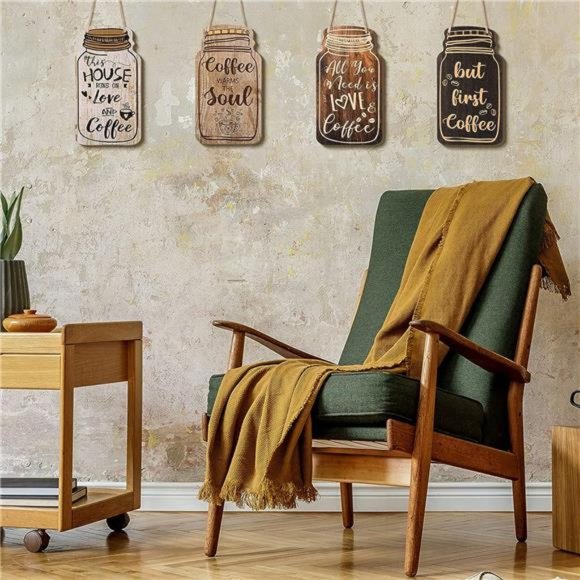 4 Pieces Wood Coffee Sign Decorative Rustic Wood Coffee Bar Sign Wall Hanging - Picture 4 of 6